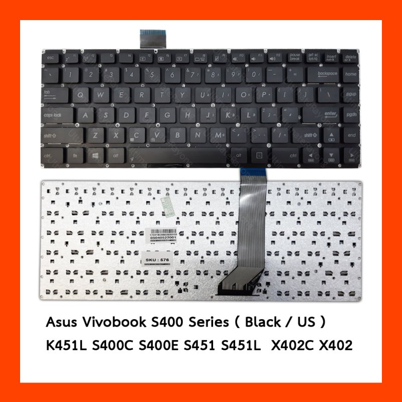 Keyboard Asus Vivobook S400 Black US แป้นอังกฤษ ฟรีสติกเกอร์ ไทย-อังกฤษ