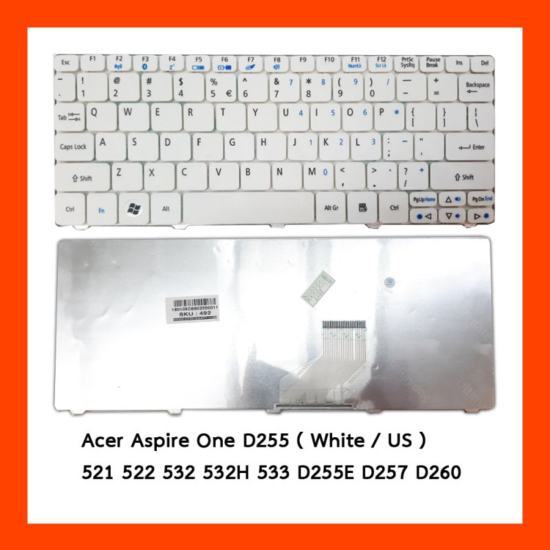 Keyboard Acer Aspire One D255 White US แป้นอังกฤษ ฟรีสติกเกอร์ ไทย-อังกฤษ