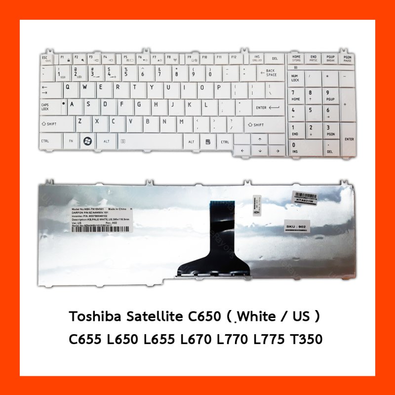 Keyboard Toshiba Satellite C650 White US แป้นอังกฤษ ฟรีสติกเกอร์ ไทย-อังกฤษ